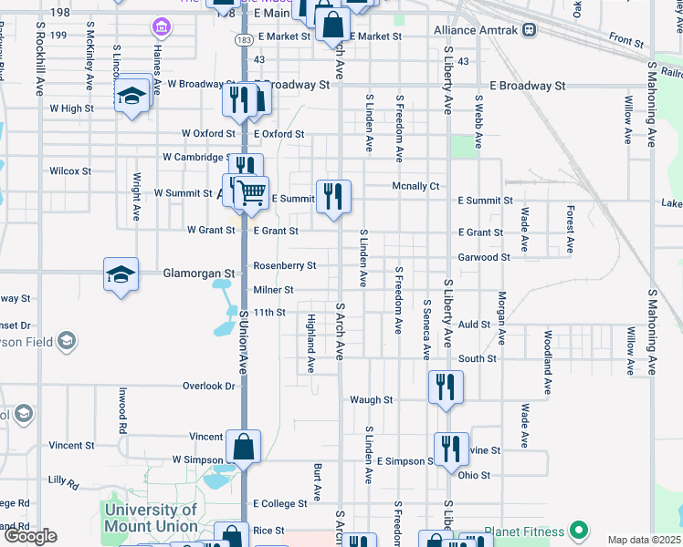 map of restaurants, bars, coffee shops, grocery stores, and more near 231 Rosenberry Street in Alliance