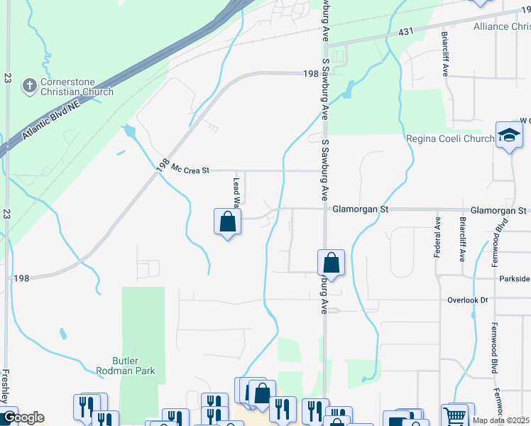 map of restaurants, bars, coffee shops, grocery stores, and more near 2045 Glamorgan Street in Alliance