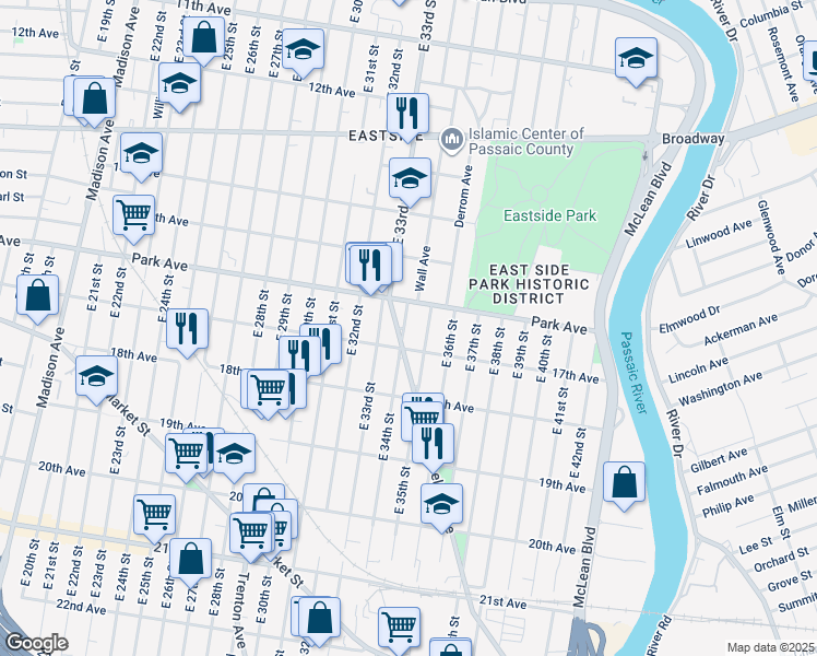 map of restaurants, bars, coffee shops, grocery stores, and more near 315 East 34th Street in Paterson