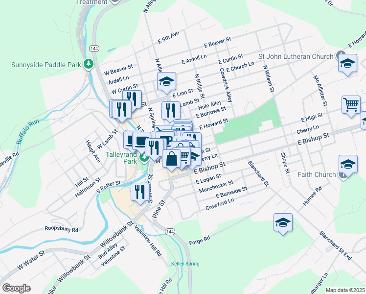 map of restaurants, bars, coffee shops, grocery stores, and more near 104 North Allegheny Street in Bellefonte
