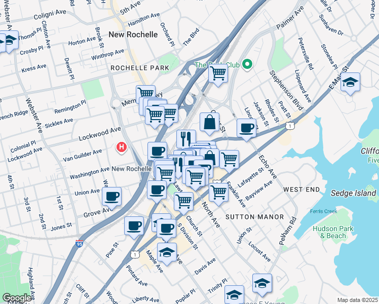 map of restaurants, bars, coffee shops, grocery stores, and more near 181 Huguenot Street in New Rochelle