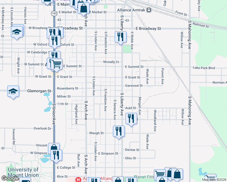 map of restaurants, bars, coffee shops, grocery stores, and more near 935 South Seneca Avenue in Alliance