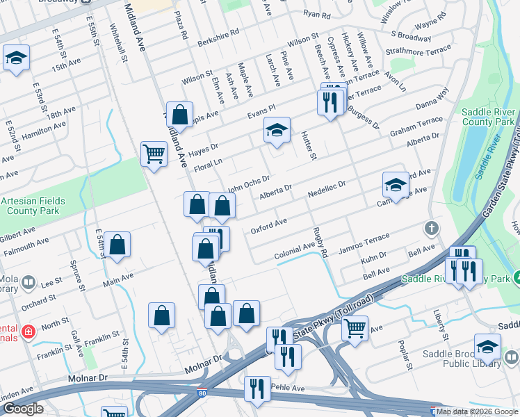 map of restaurants, bars, coffee shops, grocery stores, and more near 275 Nedellec Drive in Saddle Brook