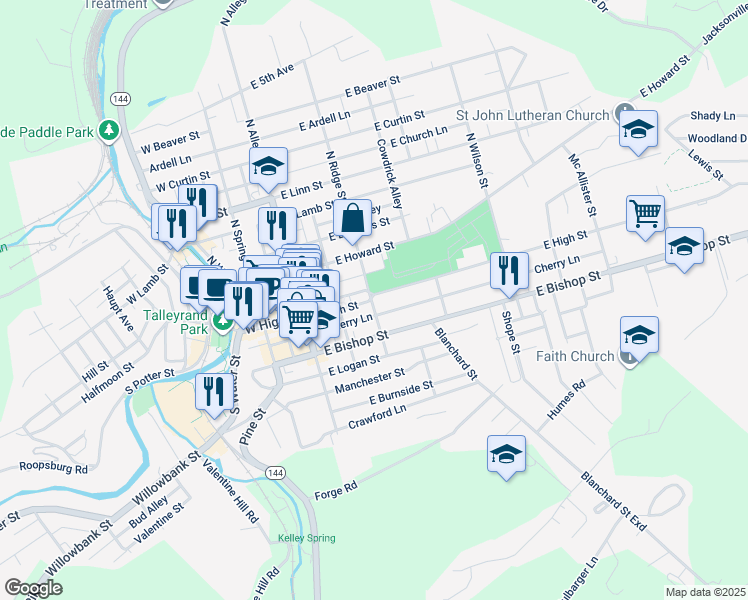 map of restaurants, bars, coffee shops, grocery stores, and more near 107 South Ridge Street in Bellefonte