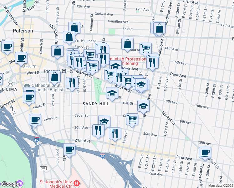 map of restaurants, bars, coffee shops, grocery stores, and more near 21 Southard Street in Paterson