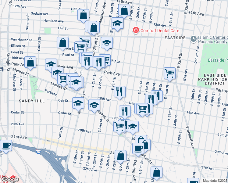 map of restaurants, bars, coffee shops, grocery stores, and more near 794 East 25th Street in Paterson