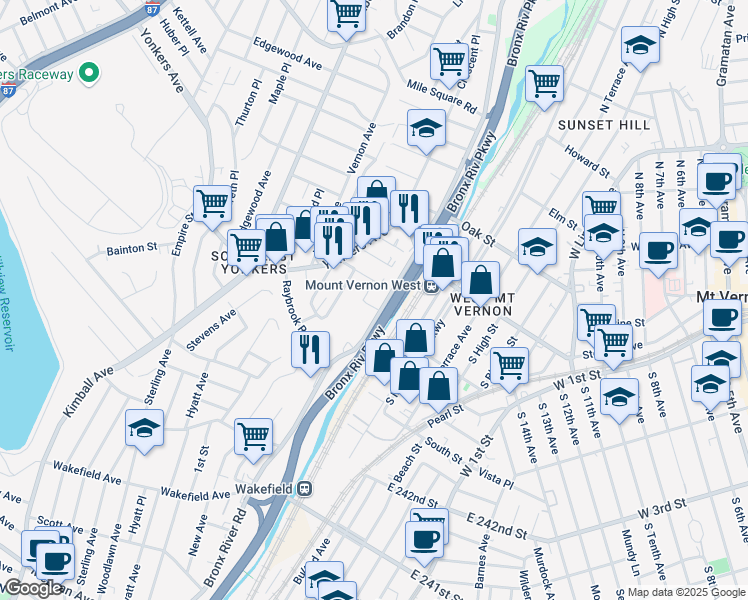 map of restaurants, bars, coffee shops, grocery stores, and more near 365 Bronx River Road in Yonkers