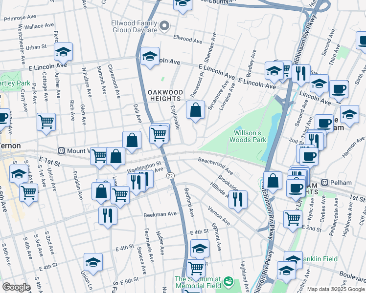 map of restaurants, bars, coffee shops, grocery stores, and more near 38 Lorraine Avenue in Mount Vernon