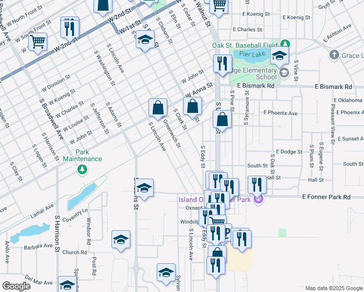 map of restaurants, bars, coffee shops, grocery stores, and more near 923 South Greenwich Street in Grand Island