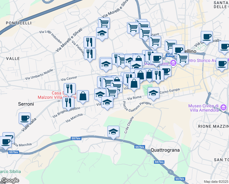 map of restaurants, bars, coffee shops, grocery stores, and more near 151 Viale Italia in Avellino