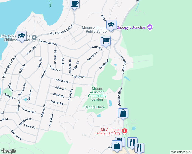 map of restaurants, bars, coffee shops, grocery stores, and more near 599 Sandra Drive in Mount Arlington