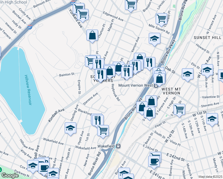 map of restaurants, bars, coffee shops, grocery stores, and more near 100 Stevens Avenue in Yonkers