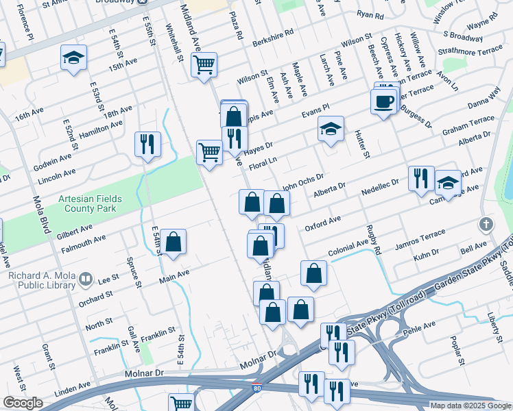 map of restaurants, bars, coffee shops, grocery stores, and more near 440 Midland Avenue in Garfield