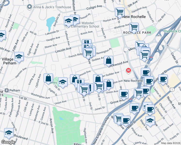 map of restaurants, bars, coffee shops, grocery stores, and more near 214 Lockwood Avenue in New Rochelle