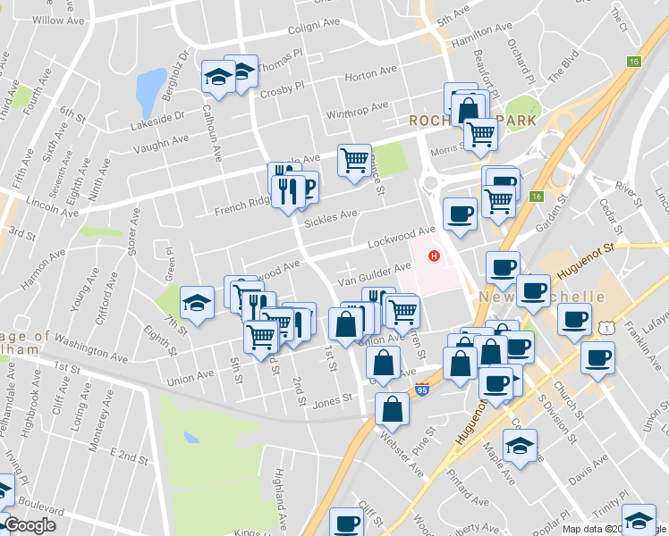 map of restaurants, bars, coffee shops, grocery stores, and more near 29 Harold Court in New Rochelle