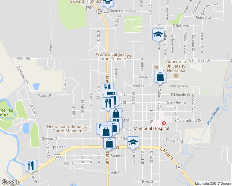 map of restaurants, bars, coffee shops, grocery stores, and more near 609 North 5th Street in Seward