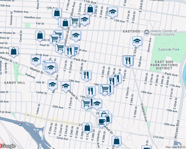 map of restaurants, bars, coffee shops, grocery stores, and more near 196 17th Avenue in Paterson