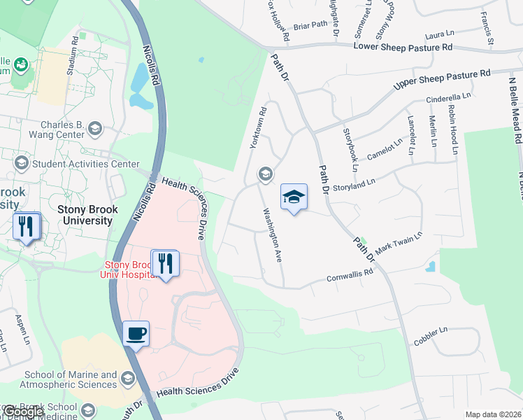 map of restaurants, bars, coffee shops, grocery stores, and more near 8 Washington Avenue in Setauket- East Setauket