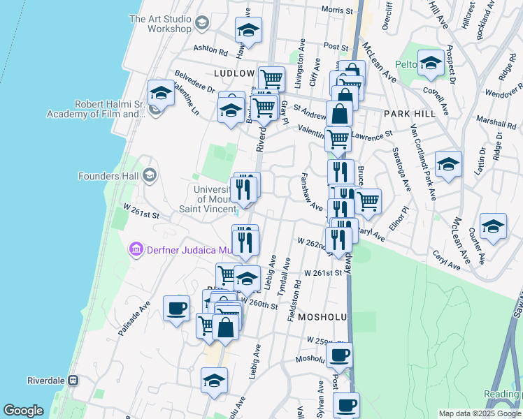 map of restaurants, bars, coffee shops, grocery stores, and more near 453 West 263rd Street in The Bronx