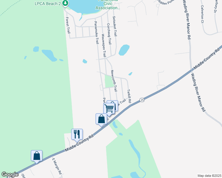 map of restaurants, bars, coffee shops, grocery stores, and more near 37 Wauwepex Trail in Ridge