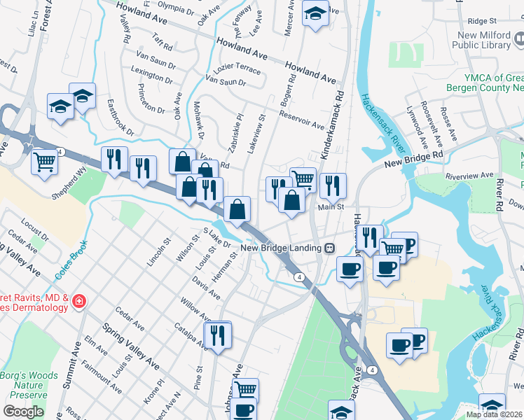 map of restaurants, bars, coffee shops, grocery stores, and more near 100 Bogert Road in River Edge