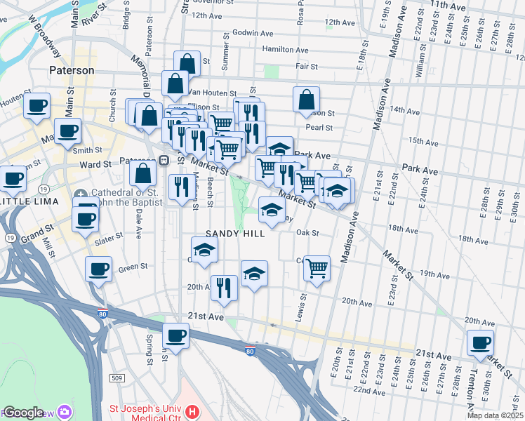 map of restaurants, bars, coffee shops, grocery stores, and more near 30 Seeley Street in Paterson