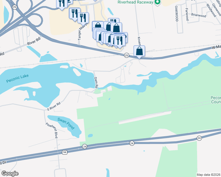 map of restaurants, bars, coffee shops, grocery stores, and more near 354 South River Road in Calverton