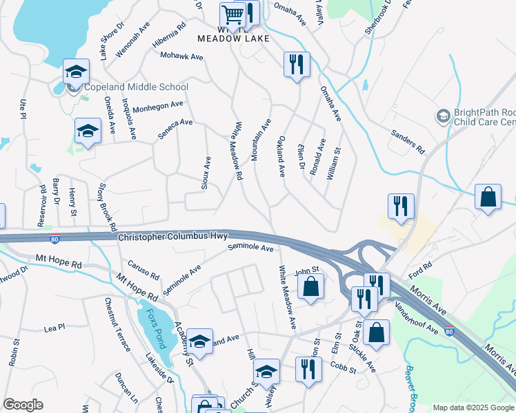 map of restaurants, bars, coffee shops, grocery stores, and more near 5 White Meadow Road in Rockaway