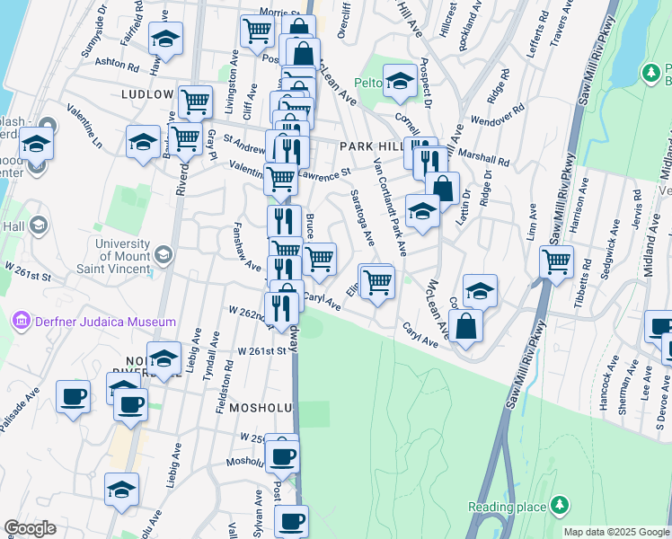 map of restaurants, bars, coffee shops, grocery stores, and more near 94 Landscape Avenue in Yonkers