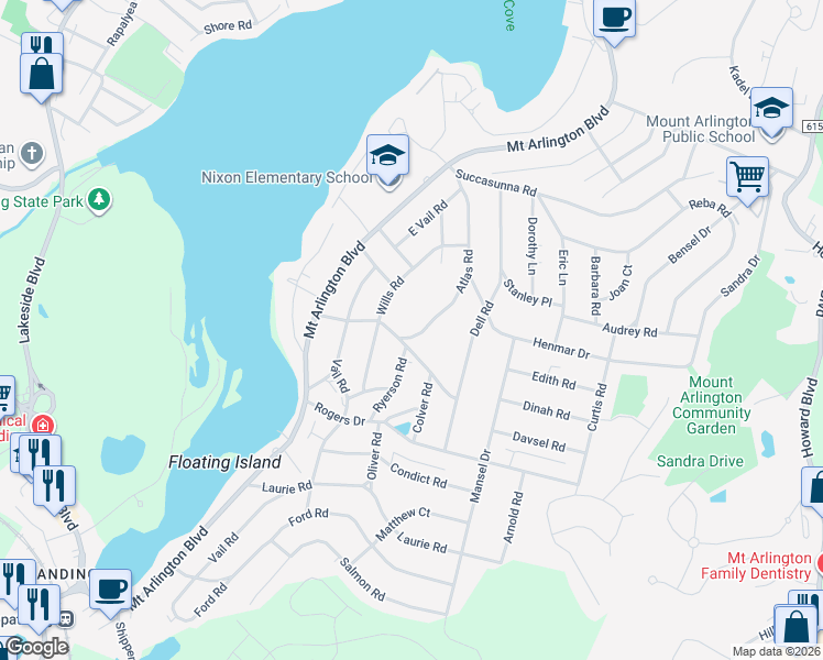 map of restaurants, bars, coffee shops, grocery stores, and more near 501 Atlas Road in Roxbury Township