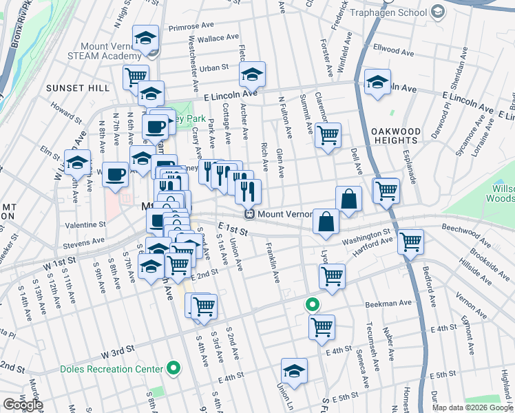 map of restaurants, bars, coffee shops, grocery stores, and more near 53 Elm Avenue in Mount Vernon