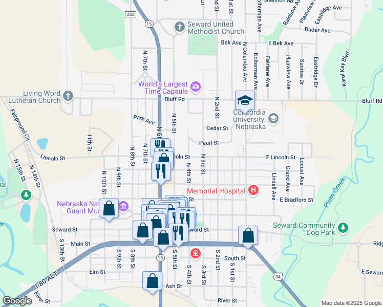 map of restaurants, bars, coffee shops, grocery stores, and more near 348 Lincoln Street in Seward