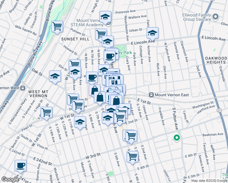 map of restaurants, bars, coffee shops, grocery stores, and more near in Mount Vernon