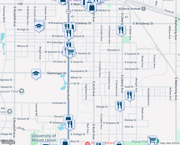 map of restaurants, bars, coffee shops, grocery stores, and more near 231 Rosenberry Street in Alliance