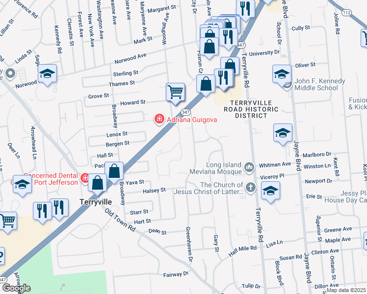 map of restaurants, bars, coffee shops, grocery stores, and more near 205 Sara Circle in Port Jefferson Station