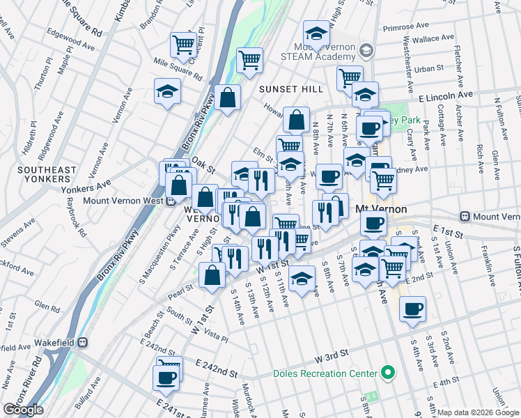 map of restaurants, bars, coffee shops, grocery stores, and more near 33 North Bleeker Street in Mount Vernon