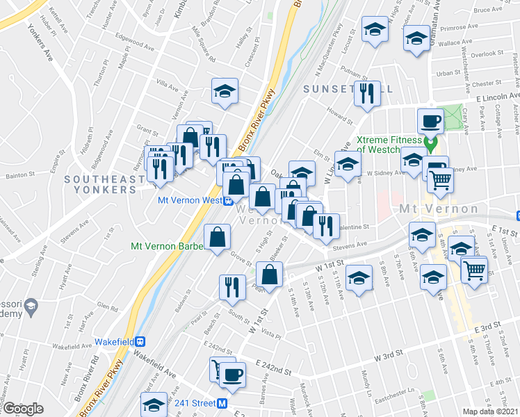map of restaurants, bars, coffee shops, grocery stores, and more near in Mount Vernon