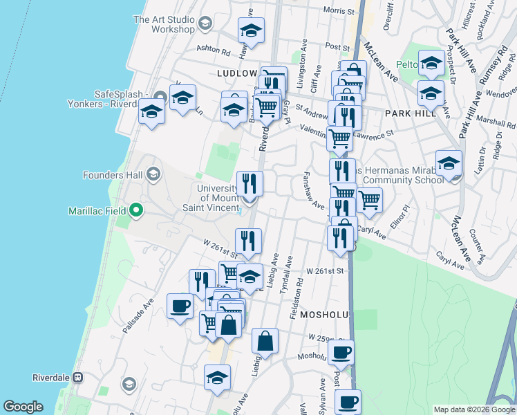 map of restaurants, bars, coffee shops, grocery stores, and more near 463 West 263rd Street in The Bronx
