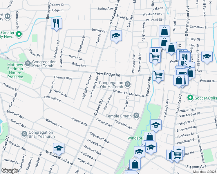 map of restaurants, bars, coffee shops, grocery stores, and more near 55 Sussex Road in Bergenfield