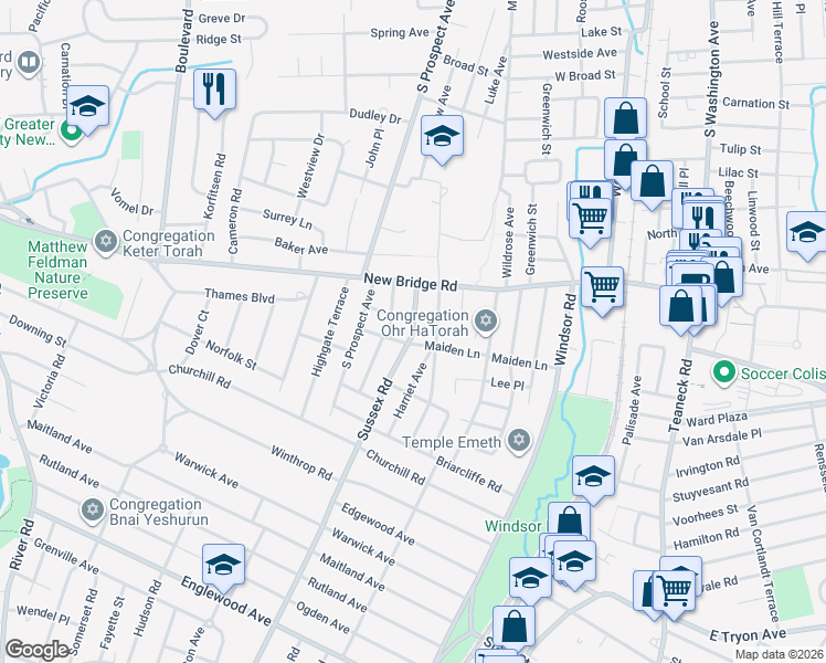 map of restaurants, bars, coffee shops, grocery stores, and more near 55 Sussex Road in Bergenfield