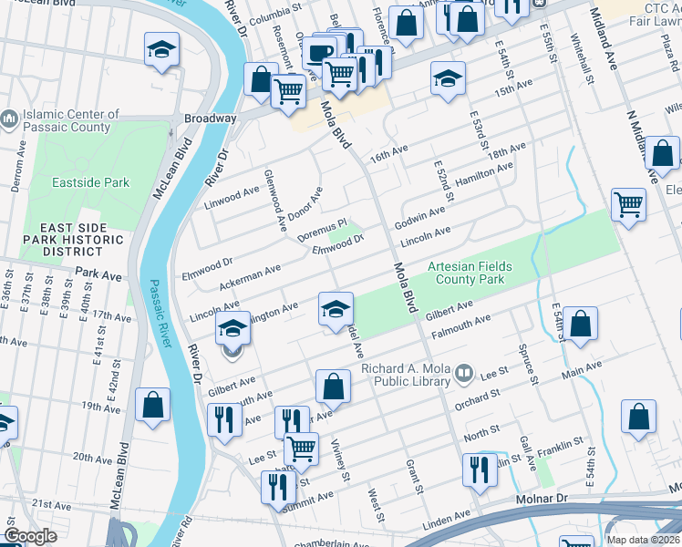 map of restaurants, bars, coffee shops, grocery stores, and more near 145 Washington Avenue in Elmwood Park