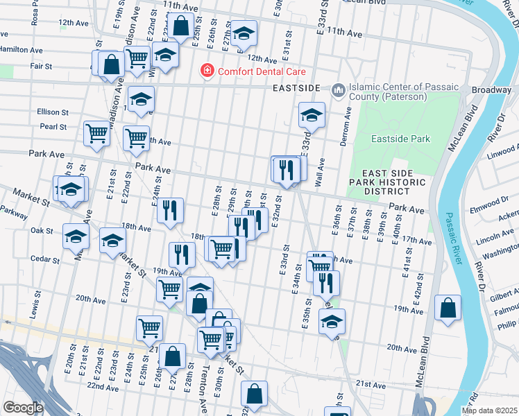 map of restaurants, bars, coffee shops, grocery stores, and more near 386 East 31st Street in Paterson