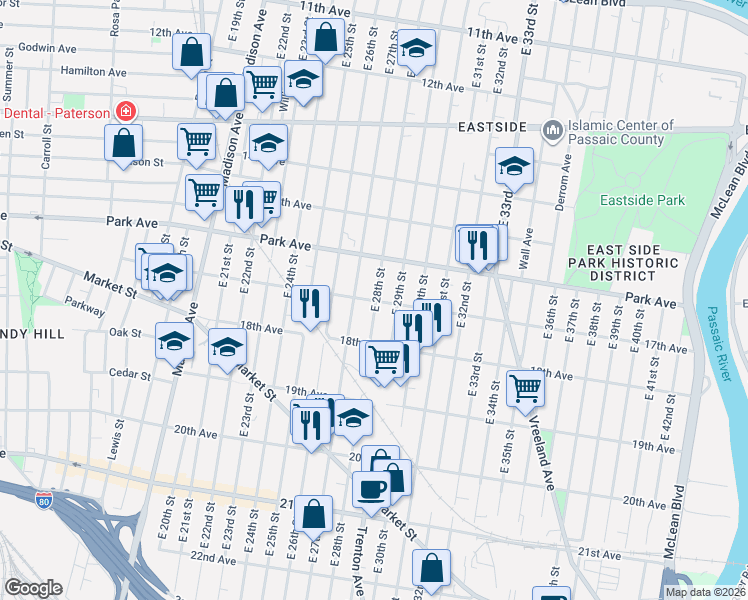 map of restaurants, bars, coffee shops, grocery stores, and more near 230 17th Avenue in Paterson