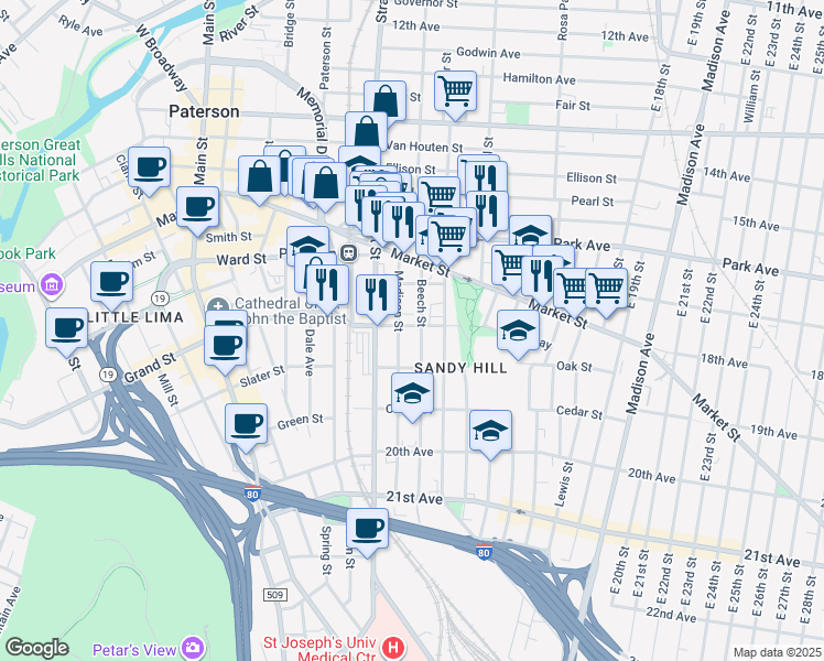 map of restaurants, bars, coffee shops, grocery stores, and more near 63 Beech Street in Paterson