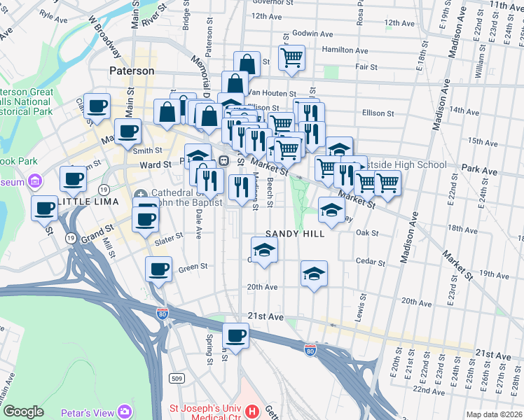 map of restaurants, bars, coffee shops, grocery stores, and more near 63 Beech Street in Paterson