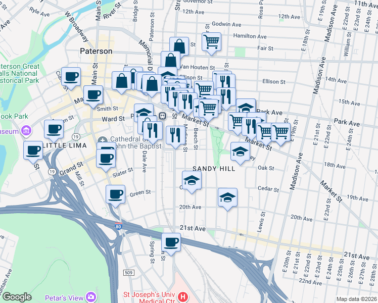 map of restaurants, bars, coffee shops, grocery stores, and more near 63 Beech Street in Paterson