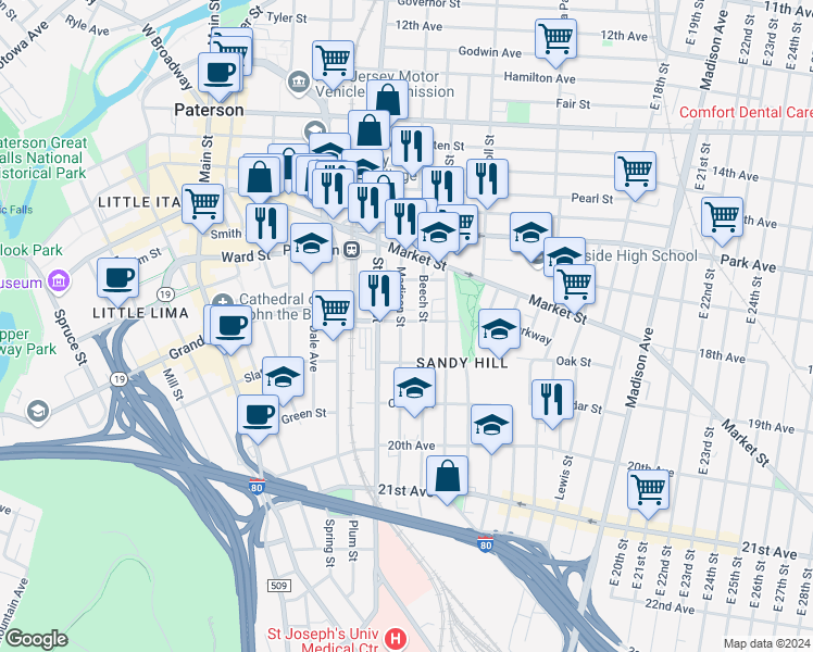 map of restaurants, bars, coffee shops, grocery stores, and more near 63 Beech Street in Paterson