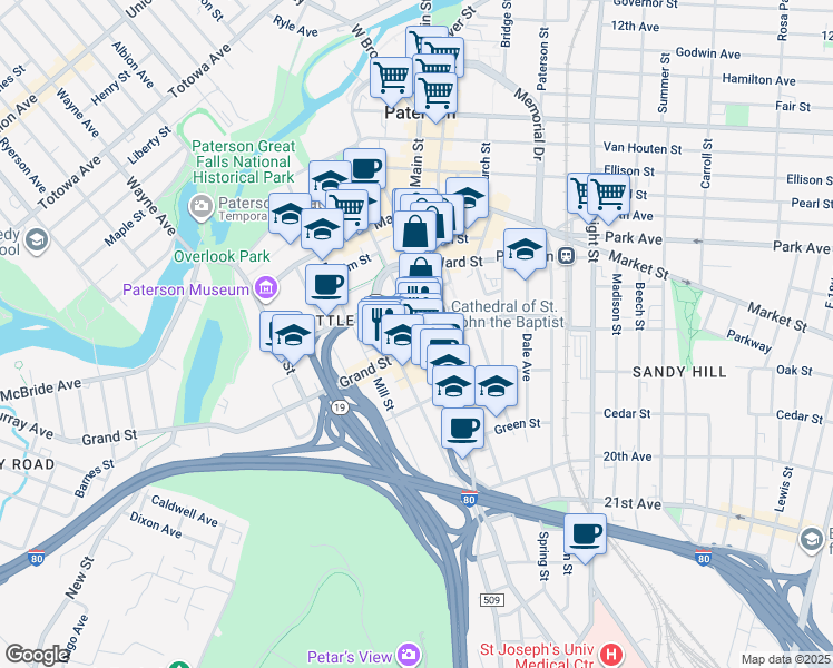 map of restaurants, bars, coffee shops, grocery stores, and more near 390-392 Main Street in Paterson