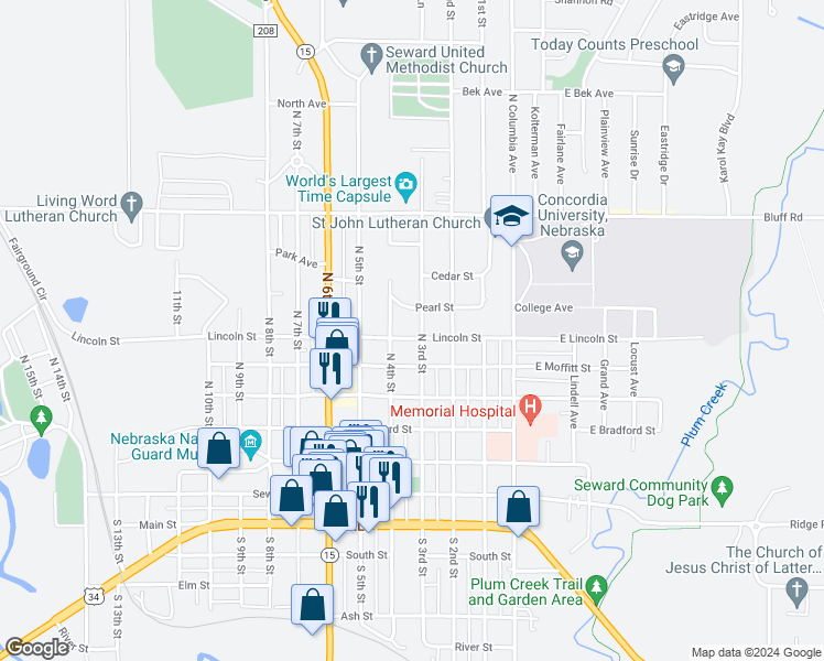 map of restaurants, bars, coffee shops, grocery stores, and more near 348 Lincoln Street in Seward