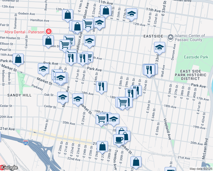 map of restaurants, bars, coffee shops, grocery stores, and more near 196 17th Avenue in Paterson